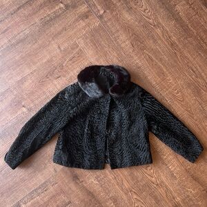 Vintage Curly Lamb Cropped Jacket With Genuine Fur Trim Black/Brown Sz 6